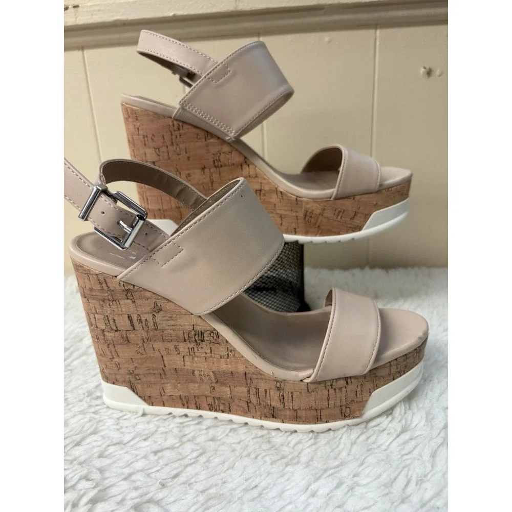 Nude‎ Faux Leather Cork Wedge Platform Sandals Buckle Ankle Strap Beige 8M